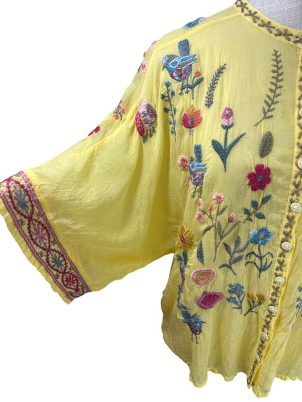 Johnny Was Embroidered Blouse Top Roylane Floral Birds Yellow Sz S - Picture 5 of 16